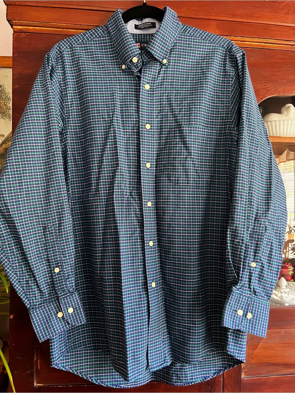 Chaps Men’s Blue & Green Plaid Button-Down Shirt